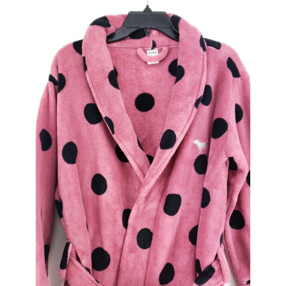 Victoria Secret Pink Fleece Robe Women's Size XSmall Pink Black Dot - Picture 3 of 6